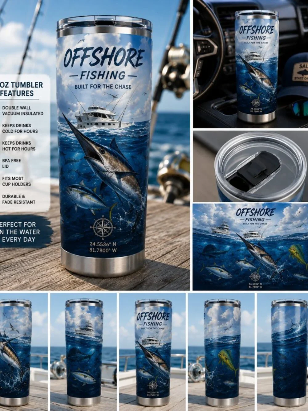NEW! Offshore Fishing 20 oz Stainless Steel Tumbler
